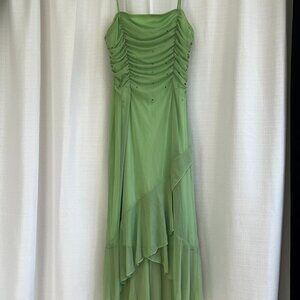 Vtg Finesse Pale Green Fairycore Dress High Low Y2K Rhinestones Draped Size M